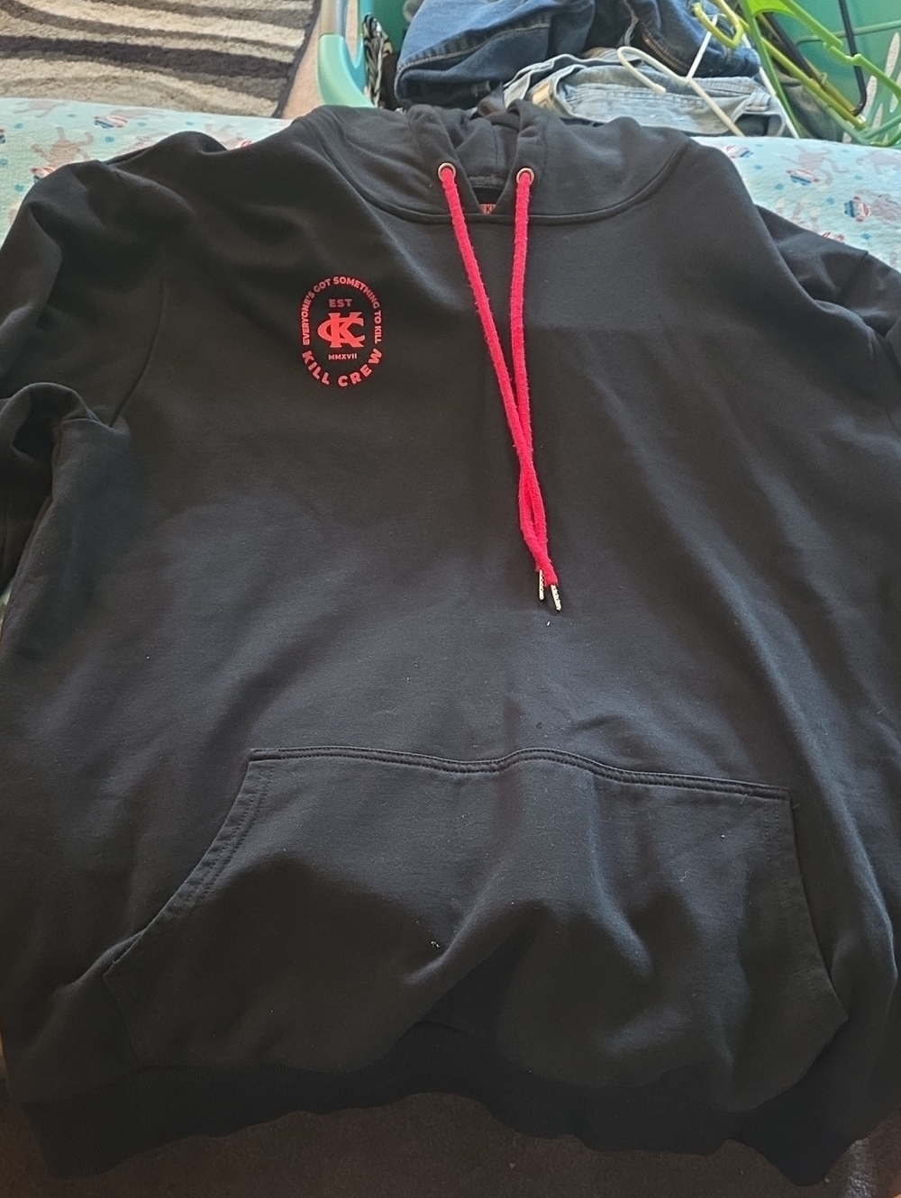 Kill Crew Black Hoodie with Bright Red Drawstrings and Logo